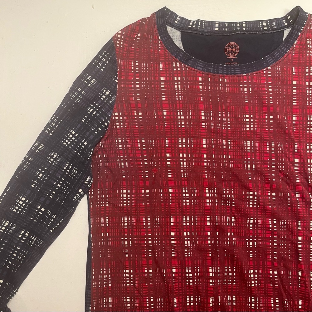 Tory Burch Womens Long Sleeve Tee in Red and Navy Check